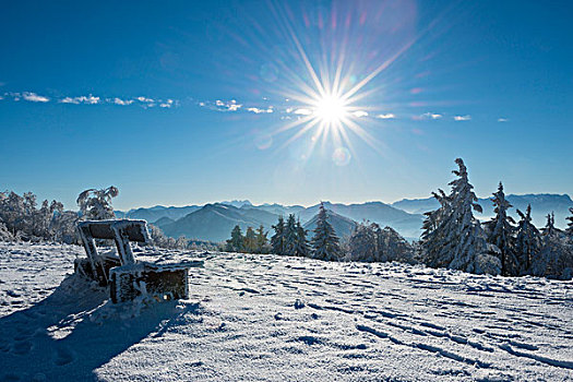 冬天,长椅,正面,阿尔卑斯山,晴天,萨尔茨堡,奥地利,欧洲