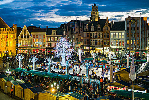 比利时,布鲁日,市场,俯视图,大广场,建筑,冬天,滑冰场,黃昏