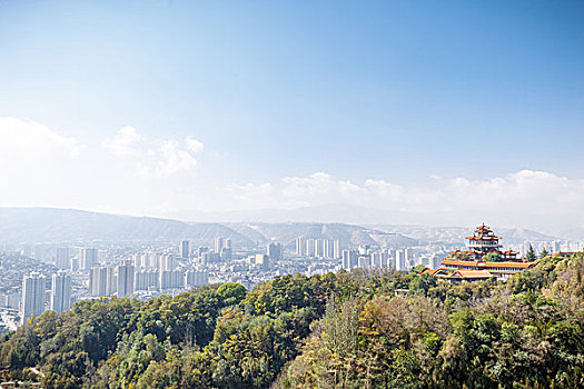 风景,庙宇,山,蓝天,城市,远景