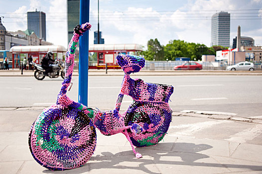 自行车,粉色,游击队,编织品,彩色,纱线,装饰,左边,公路,中心,华沙,波兰