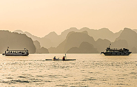 越南,下龙湾,日落,船,皮筏艇,世界遗产