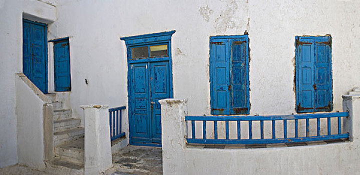 希腊,岛屿,米克诺斯岛,港口,城镇,老,白色,建筑,蓝色,入口,窗户