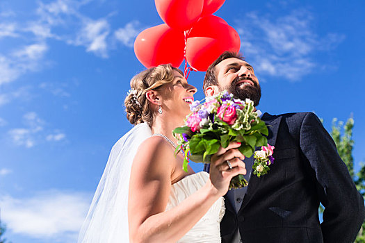 新郎,新娘,婚礼,读,氦气,气球