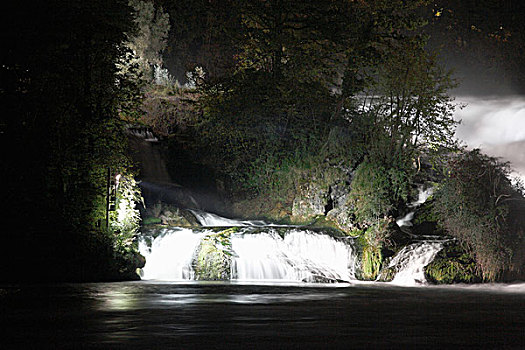莱茵河,瀑布,沙夫豪森,光亮,夜晚,瑞士,欧洲