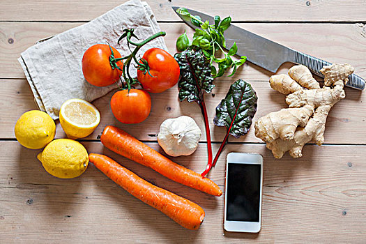 智能手机,蔬菜,桌上