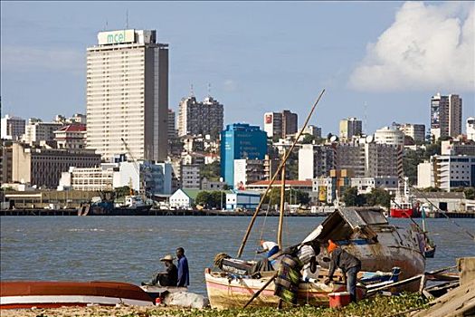 莫桑比克,马普托,捕鱼者,船,小,渔村,天际线,后面,泛舟,首府,喧闹,魅力,港口,城市,流行