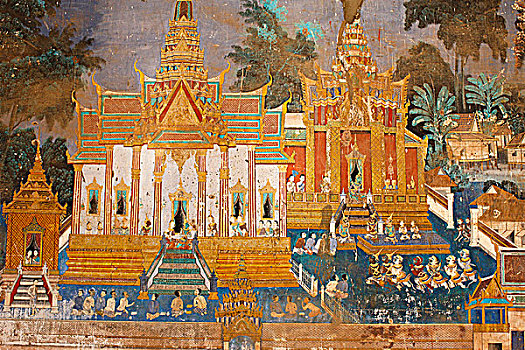 柬埔寨,金边,塔,壁画,场景,高棉,经典,印度教,诗,罗摩衍那