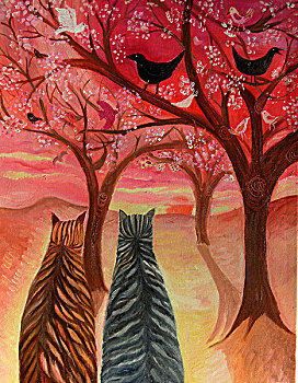 后视图,两个,猫,看,鸟,树上,日落
