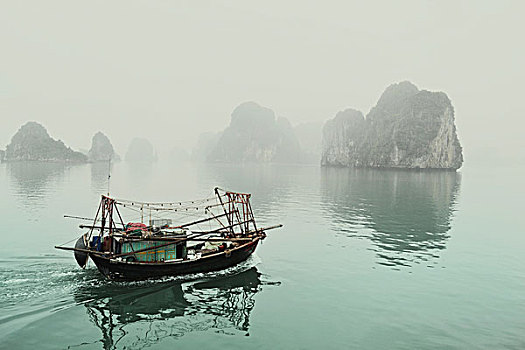 小,船屋,渔船,水,岩石构造,出现,海洋,雾气