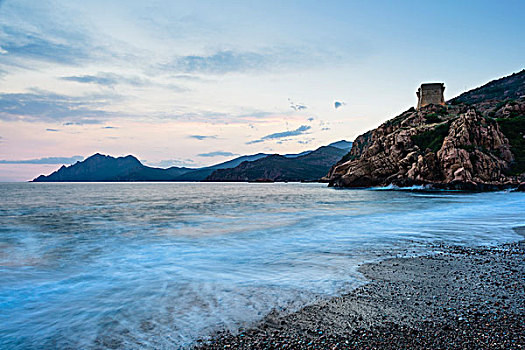 风景,海滩,海浪,瞭望塔,黄昏,海湾,波尔图,科西嘉岛,法国