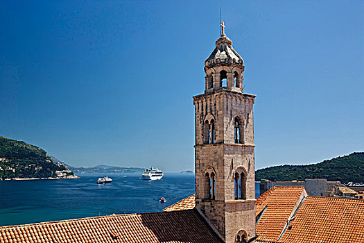 教堂钟,塔,游船,停靠,亚德里亚海,历史,杜布罗夫尼克,克罗地亚,世界遗产