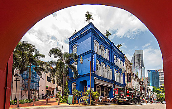 唐人街,蓝色,住宅建筑,道路,红色,拱道,新加坡,亚洲