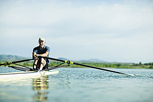 中年,男人,划船,一个,短桨,划艇,水