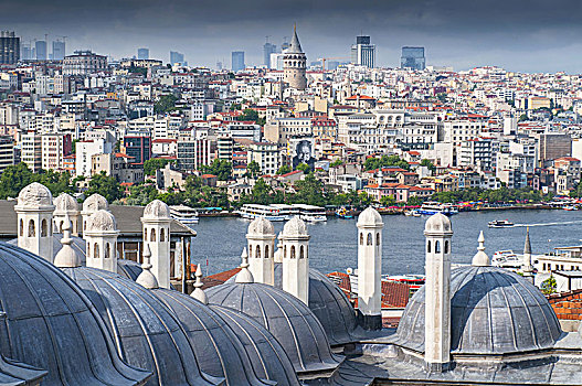 圆顶,清真寺,博斯普鲁斯海峡,海峡,加拉达塔,桥,远景,伊斯坦布尔,土耳其