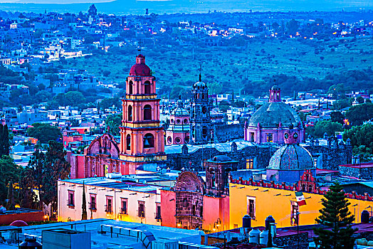 粉色,石头,钟楼,圣费利佩,俯视,城市,黄昏,圣米格尔,墨西哥