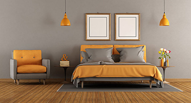 现代,灰色,橙色,卧室