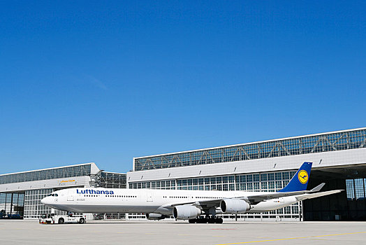 汉莎航空公司,空中客车,a340,卡车,正面,维护,飞机库,慕尼黑,上巴伐利亚,德国,欧洲