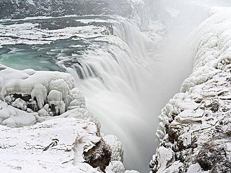 瀑布,局部,著名,冰岛,旅游,路线,金色,圆,冬天,欧洲,北欧,大幅,尺寸