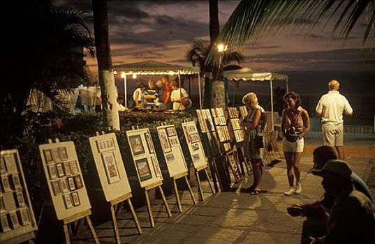 艺术品,出售,游客,海滩,散步场所,黄昏,波多黎各,墨西哥