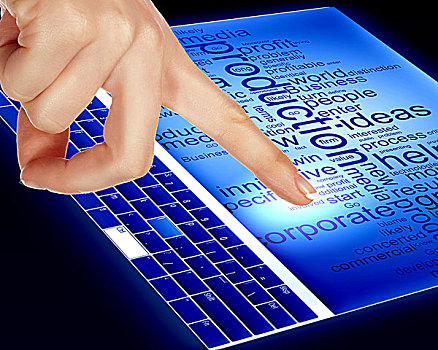 手指,接触,蓝色,电脑屏幕,文字,信息技术