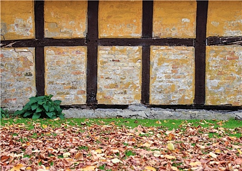破旧,半木结构,屋舍,墙壁,秋天