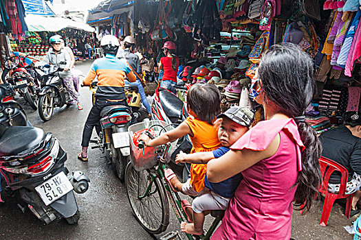 越南,芽庄,坝,市场,摩托车,自行车,交通拥挤