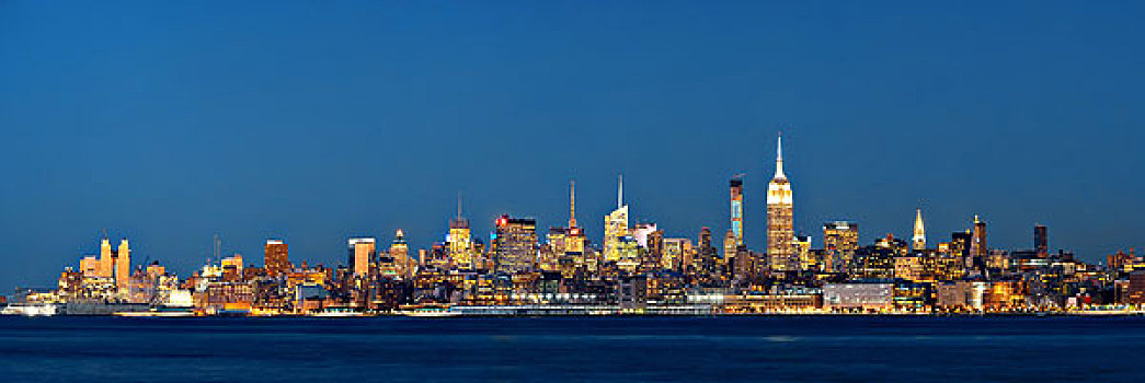 纽约,市中心,天际线,摩天大楼,上方,哈得逊河,新泽西,夜晚