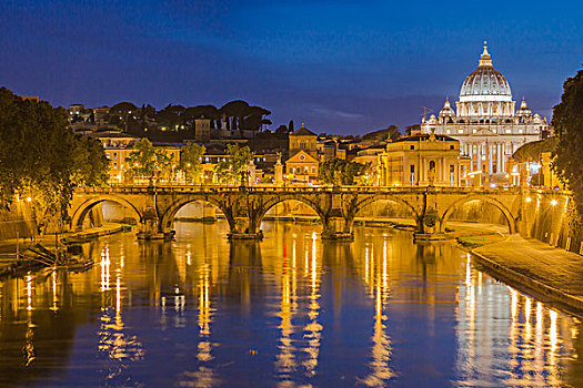 圣彼得大教堂,正面,圣天使桥,桥,台伯河,蓝色,钟点,梵蒂冈,罗马,拉齐奥,意大利,欧洲