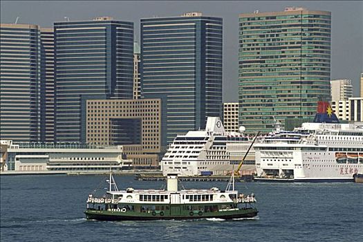 一个,香港,星,渡轮,港口,海洋,高层建筑,尖沙嘴,九龙,背景