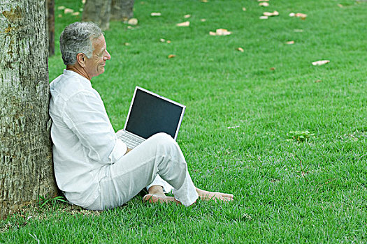成熟,男人,坐,草丛,倚靠,树,使用笔记本,电脑