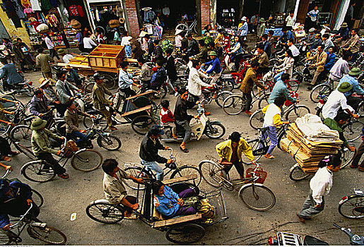 俯视,骑,自行车,街上,河内,越南
