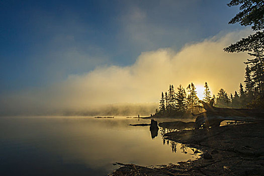 雾,上方,湖,日出,魁北克,加拿大