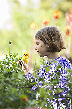 女孩,蓝色,衣服,摘花,花园