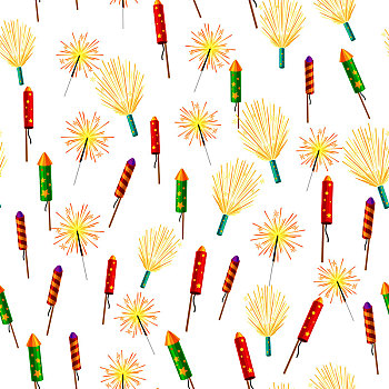 无缝,图案,孟加拉,火,彩色,焰火,闪闪发光,烟花,隔绝,白色背景,新年,烟火,鞭炮,卡通,风格,设计,矢量,插画