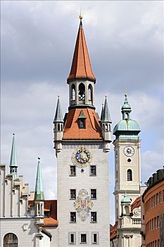 老市政厅,塔,钟楼,神圣,教堂,玛利亚广场,慕尼黑,巴伐利亚,德国,欧洲