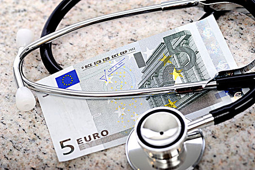 听诊器,五欧钞票,象征,支付,五个,欧元,医生,看望