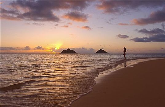 夏威夷,瓦胡岛,日出,剪影,女青年,岛屿,远景