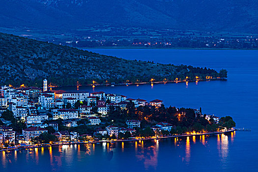 希腊,西部,马其顿,俯视,城镇,湖,黃昏