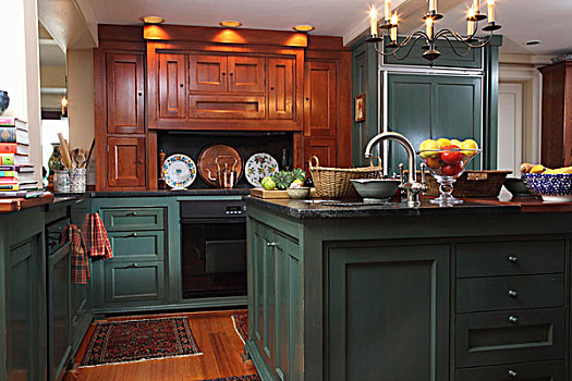 厨房,风情,木头,柜子,绿色,涂绘,私人住宅,美国