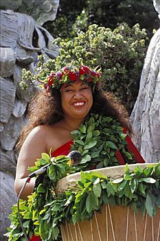 夏威夷,星期,节日,女人,长发,花环,微笑,鼓,户外