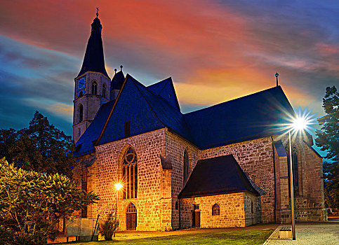 教堂,图林根州,德国,日落