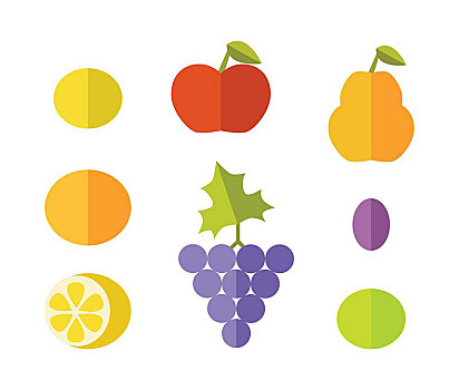 水果,矢量,风格,设计,柠檬,葡萄,苹果,柚子,瓜,李子,梨,橙色,插画,概念,旗帜,象征,隔绝,白色背景,背景