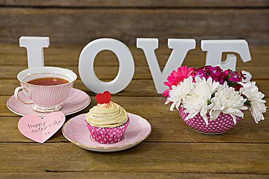 杯形蛋糕,茶,花瓶,高兴,母亲节,问候,卡片,盘上,厚木板