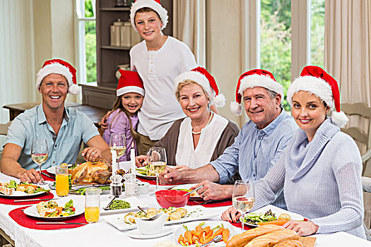 家庭,圣诞帽,看镜头,圣诞时节