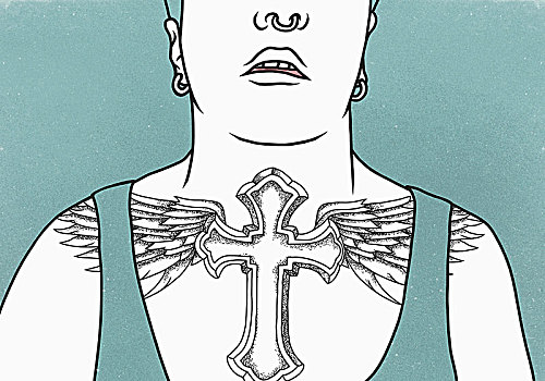 腹部,男人,十字架,纹身,胸部,蓝色背景