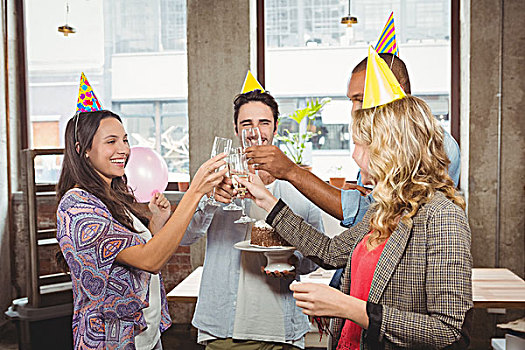高兴,同事,享受,办公室,香槟,生日蛋糕,庆贺