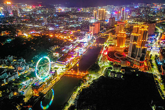 航拍广东中山岐江河畔兴中广场幻彩摩天轮夜景