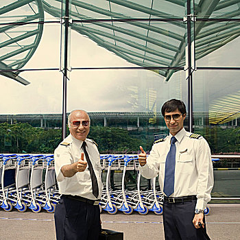 两个,飞行员,展示,竖大拇指,机场