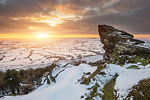 日落,上方,积雪,冬季风景,石头,前景