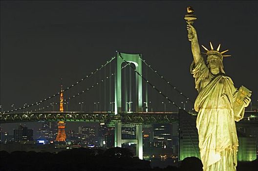 东京,天际线,夜晚,东京塔,彩虹桥,自由女神像